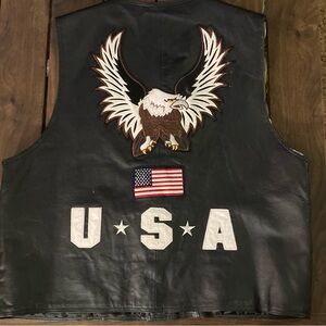 Vintage Interstate Black Leather Vest with Eagle USA Patches, size XL